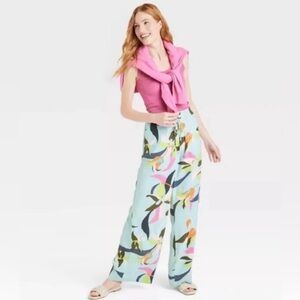 A New Day blue floral linen blend elastic high waist wide leg pants size medium